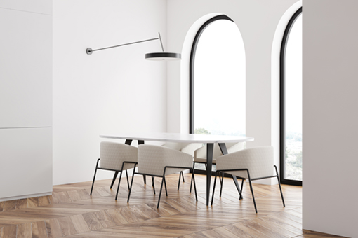 Corner,Of,Stylish,Panoramic,Dining,Room,With,White,Walls,,Wooden